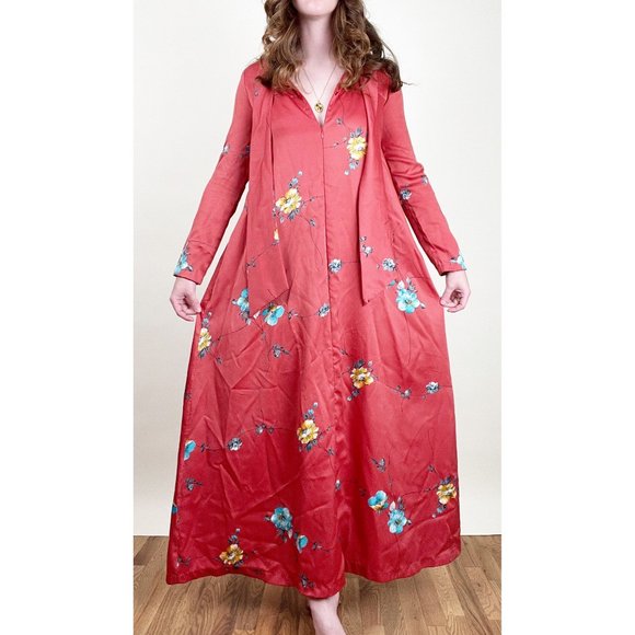 Vintage 50s 60s Maxi Dress House Coat Cover Up Duster Floral Mid Century Modern - Picture 2 of 4